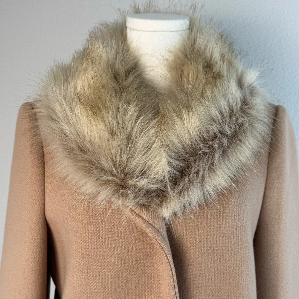 Zara Wool Blend Mid Length Coat Size M Faux Fur Removable Collar Camel Tan - Picture 3 of 17